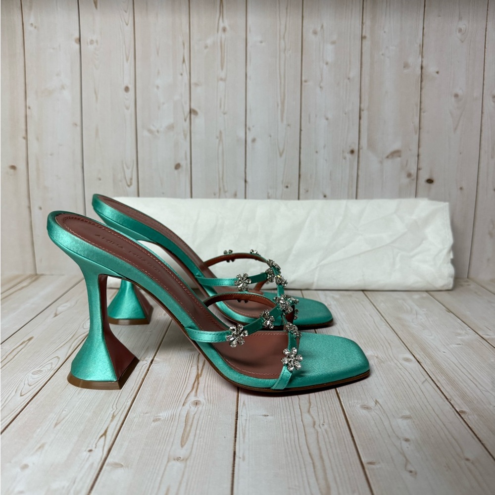 Amina Muaddi Lily Crystal Embellished Slide Sandal Turquoise Sz 36.5 / 6.5 - Picture 3 of 14
